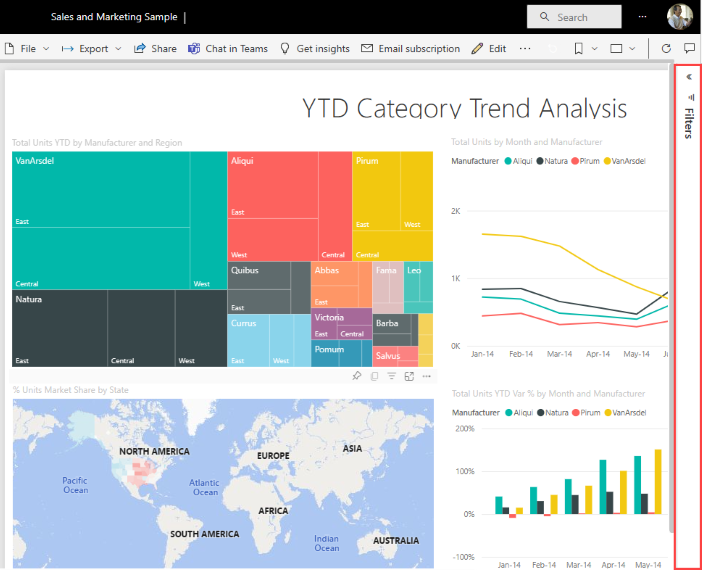 Captura de pantalla de un informe abierto en el servicio Power BI con el panel Filtros seleccionado.