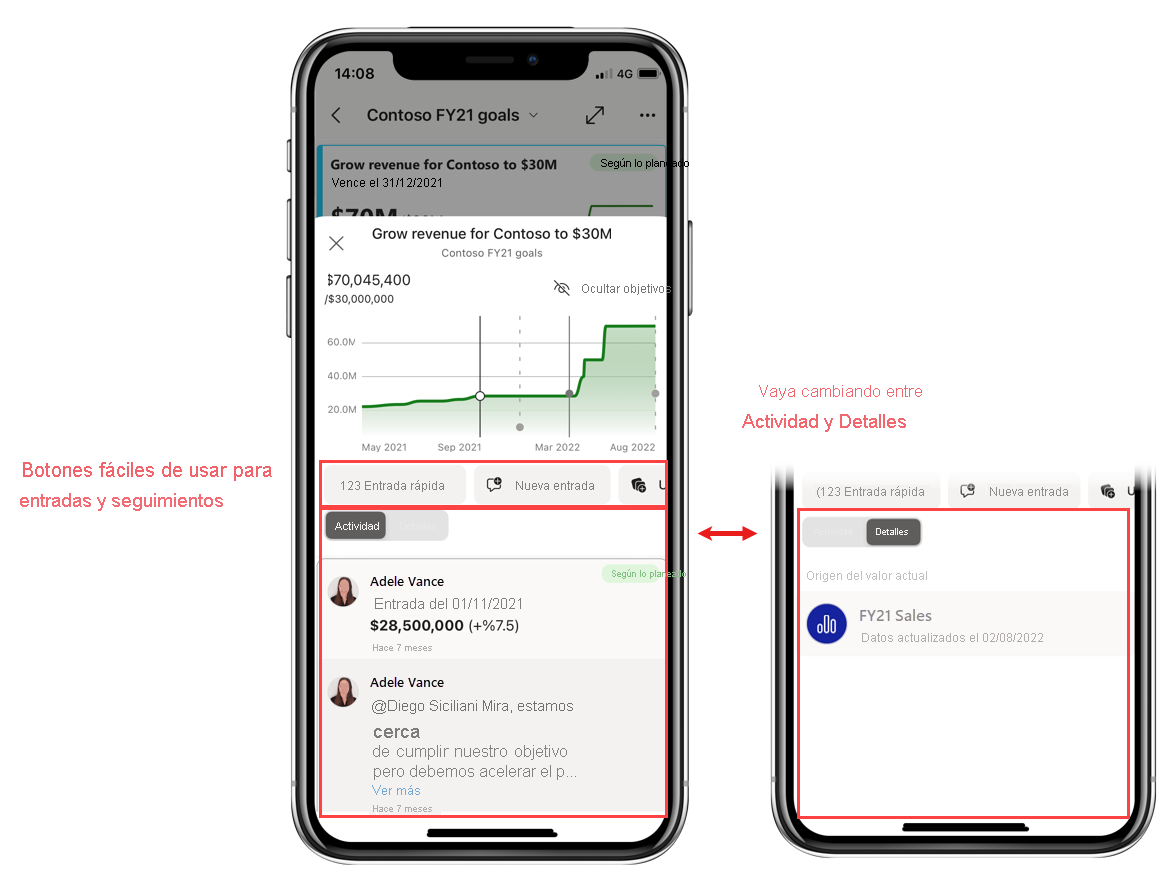 Captura de pantalla del nuevo y mejorado panel de detalles de métricas en la aplicación móvil de Power BI.