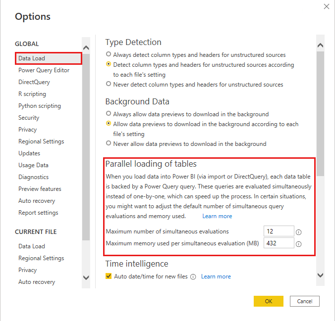 Changing data loading parallelization settings in Power BI Desktop