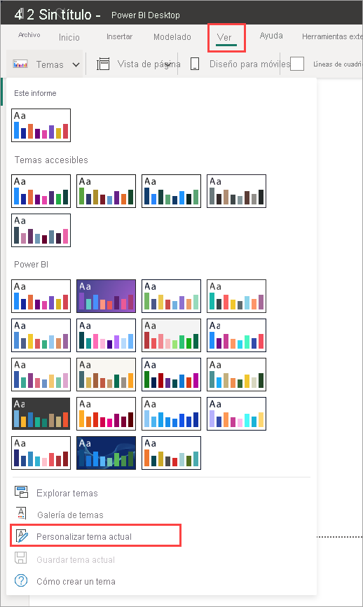 Screenshot of the Power BI Themes dropdown menu, highlighting Customize current theme.