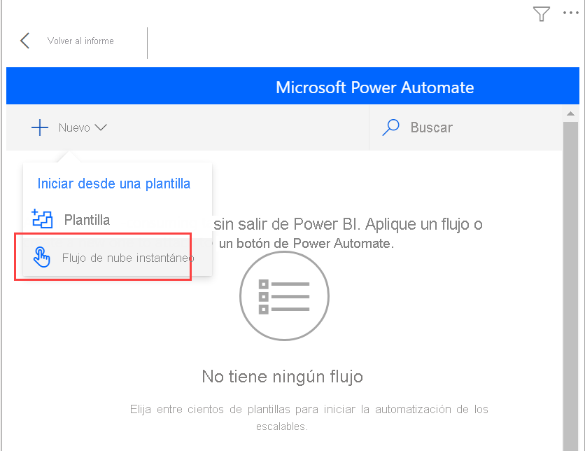Captura de pantalla que muestra el Nuevo flujo de nube instantánea.