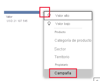 Screenshot shows the value element with its context menu open and Campaign selected.