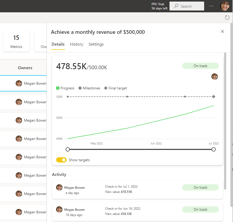 Screenshot of The Details pane for a metric.