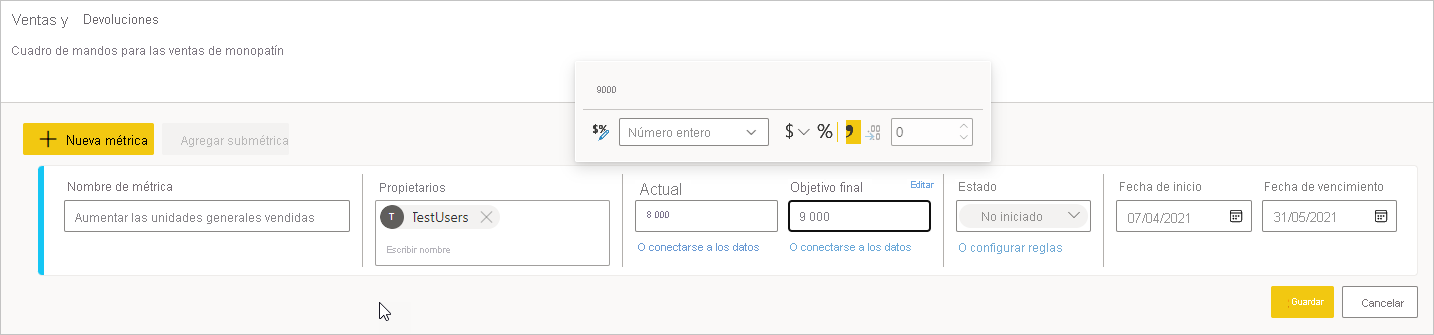 Screenshot of In the New metric, select a number format.