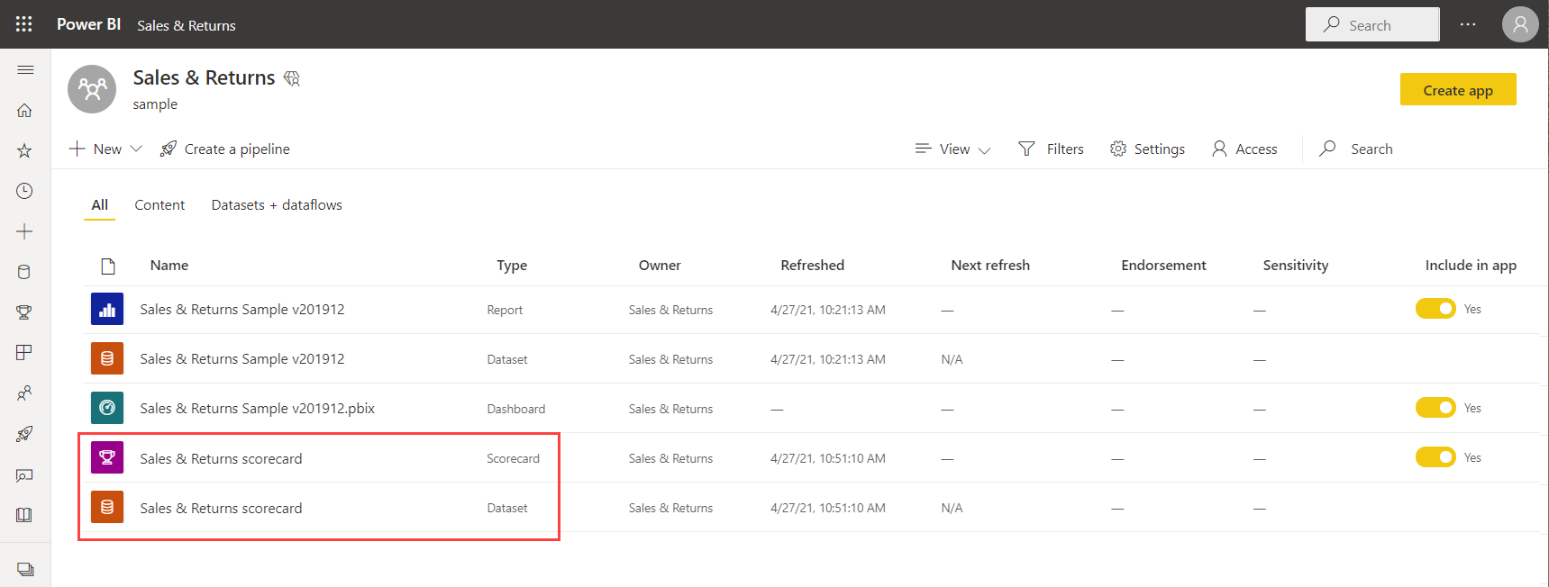 Screenshot of The new scorecard and semantic model that Power BI created.