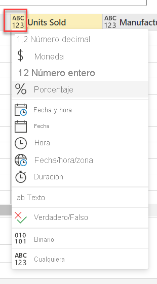 Screenshot showing the Data type options for a column.