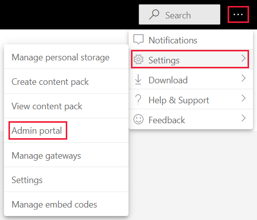 Captura de pantalla en la que se muestra la opción de menú configuración de administración en el menú de configuración del servicio Power BI.