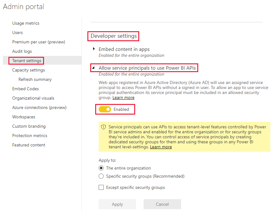 Captura de pantalla en la que se muestra cómo habilitar la opción de configuración de desarrollador en la opción de menú de configuración de inquilinos del servicio Power BI.