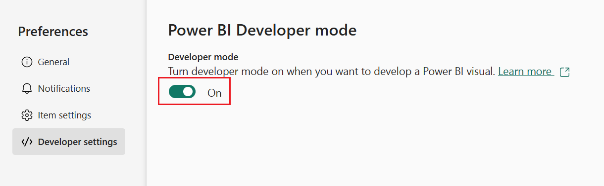 Captura de pantalla de la habilitación del modo de desarrollador, en Configuración de Power BI, pestaña General.