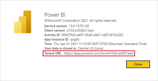 Captura de pantalla del cuadro de diálogo Acerca de Power BI con la dirección URL de inquilino del usuario invitado destacada.