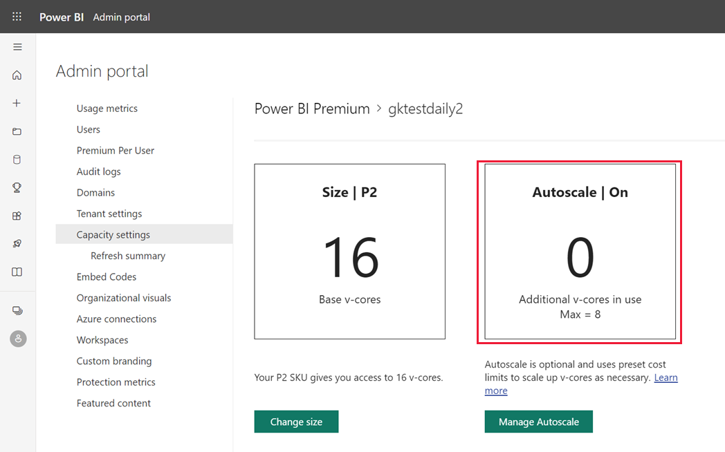 Captura de pantalla de la pantalla de configuración de capacidad después de activar y configurar la escalabilidad automática.