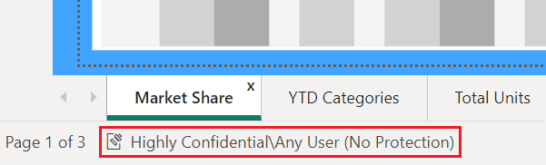 Captura de pantalla en la que se muestra una etiqueta de confidencialidad resaltada en la barra de estado de Power BI Desktop.