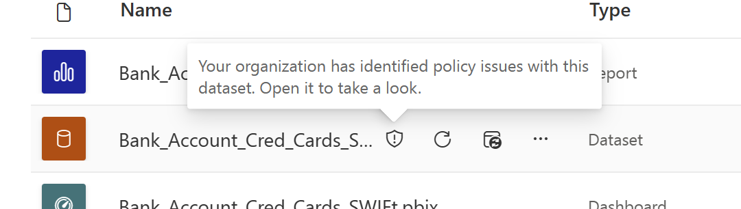 Screenshot of policy tip badge on semantic model in lists.