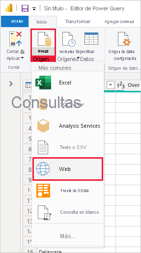 Screenshot of Power B I Desktop showing the Power Query Editor selecting Web from New Source.