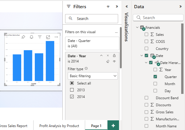 Captura de pantalla que muestra la visualización de un gráfico de columnas para los elementos de datos seleccionados.