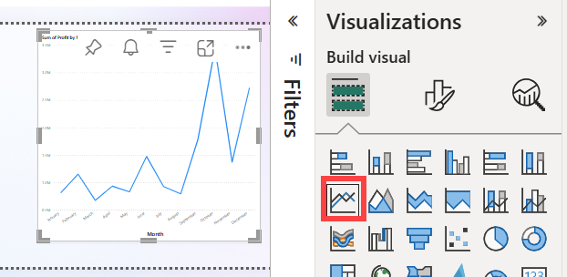 Captura de pantalla que muestra cómo seleccionar la visualización del gráfico de líneas en el panel Visualizaciones.