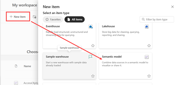 Captura de pantalla que muestra cómo crear un nuevo modelo semántico para iniciar el proceso de importación.