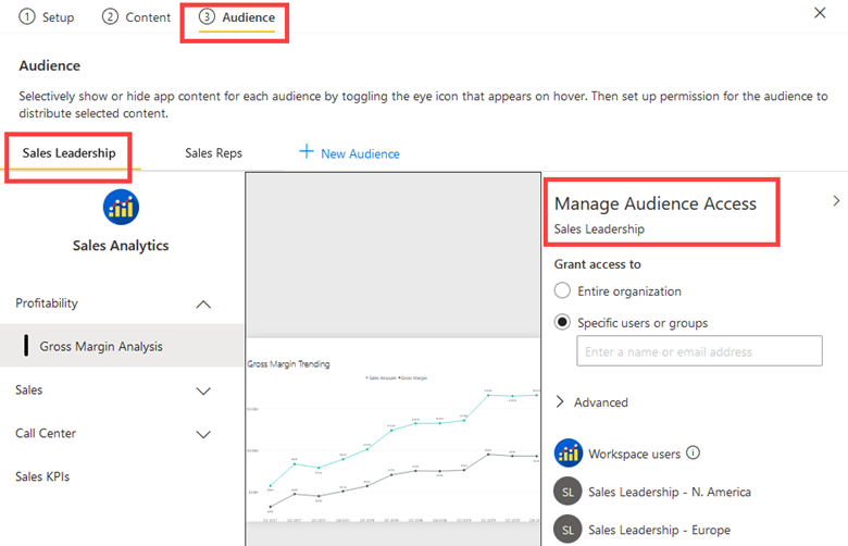 Captura de pantalla de la configuración de audiencia de aplicación del servicio Power BI.