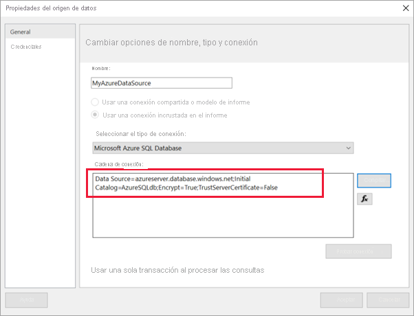 Screenshot showing Data source connection string.