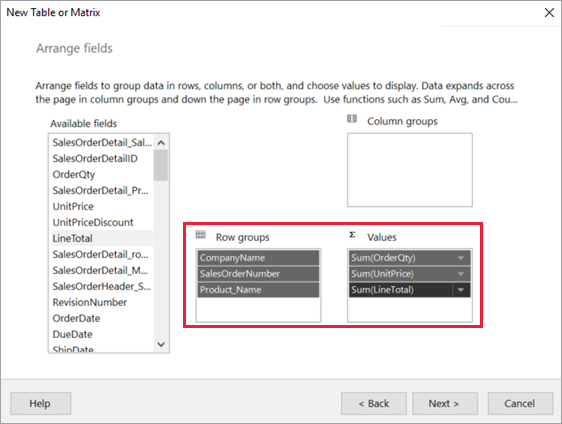 Screenshot showing Arrange fields dialog box.