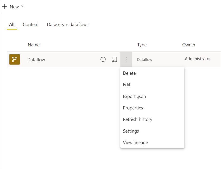 Captura de pantalla de la configuración desplegable de un flujo de datos de Power BI.