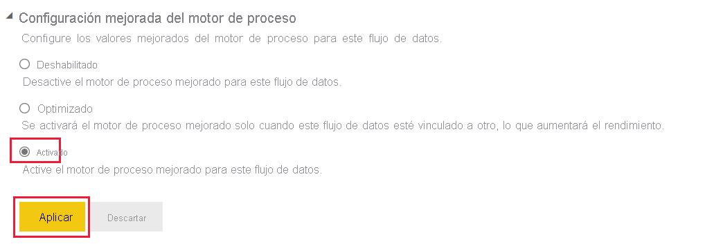 Captura de pantalla de la configuración de motor de proceso mejorado con la selección activada y el botón Activar resaltado.