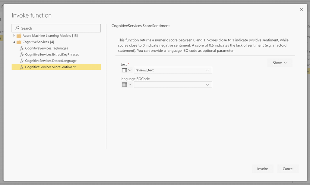 Captura de pantalla del cuadro de diálogo Invocar función, en el que se muestra CognitiveServices.ScoreSentiment seleccionado.