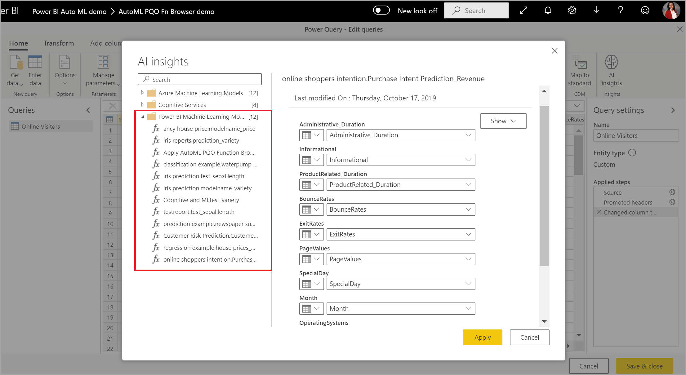 Captura de pantalla del cuadro de diálogo Conclusiones de IA en el que se resaltan los modelos de Machine Learning de Power BI.