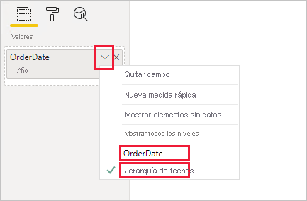 Screenshot showing example of a visual field configuration for the OrderDate hierarchy.