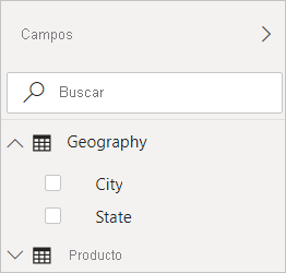 Screenshot of Power BI Desktop showing the Geography filter in the Fields view.