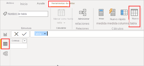 Captura de pantalla de la cinta de opciones del menú de Power BI Desktop con las opciones Herramientas de tabla, Nueva tabla y Vista de datos resaltadas.