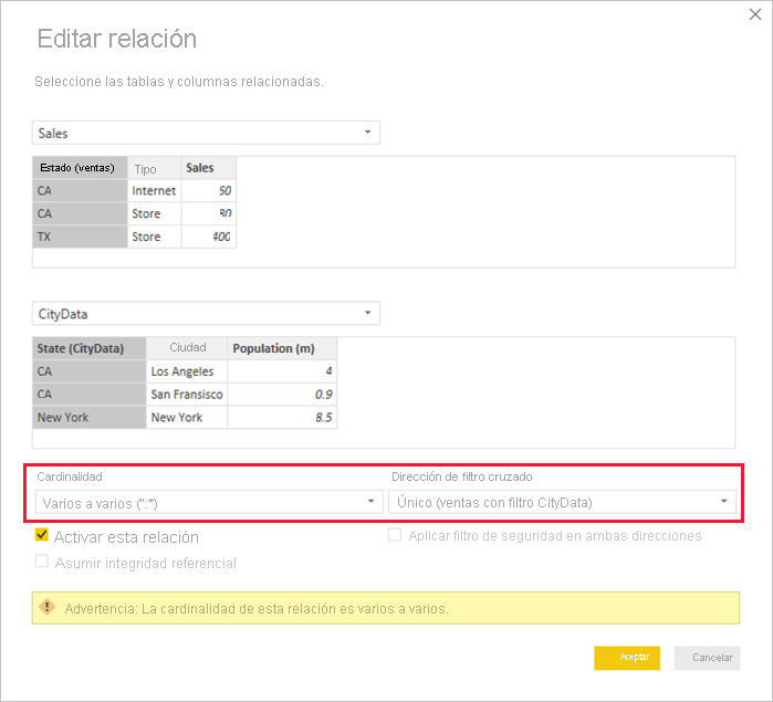 Screenshot of a many-to-many relationship in the Edit relationship pane.