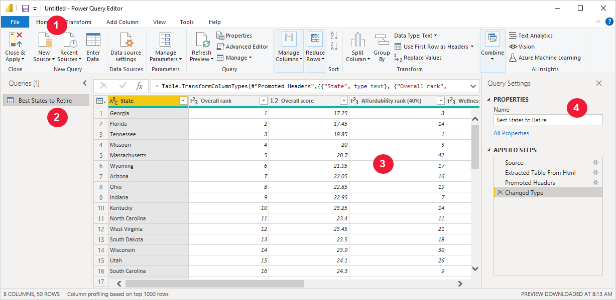 Captura de pantalla de Power BI Desktop que muestra el panel Configuración de consulta del Editor de Power Query.