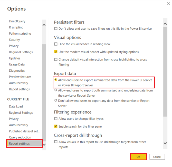 Captura de pantalla en la que se muestra la configuración del informe de Desktop.