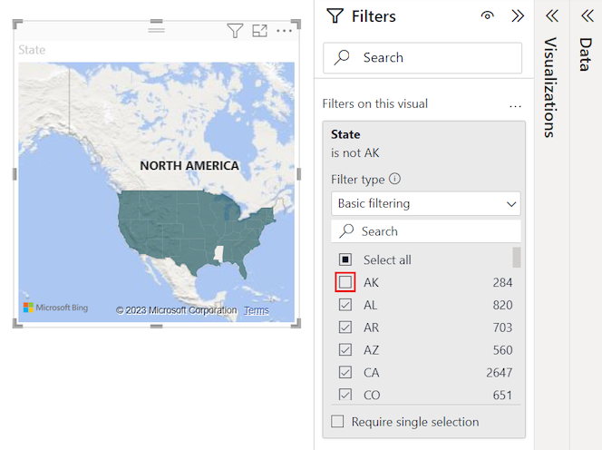 Screenshot that shows the updated map visual after the data for the state of Alaska is removed.