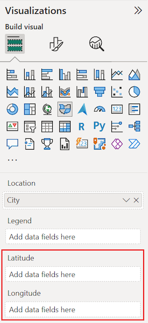 Screenshot that shows how to set the latitude and longitude options for a filled map in Power BI.