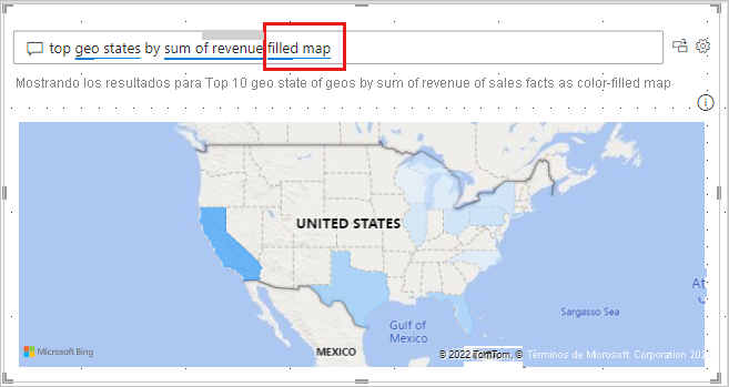 Screenshot that shows the Q&A visual converted to a filled map on the report canvas.