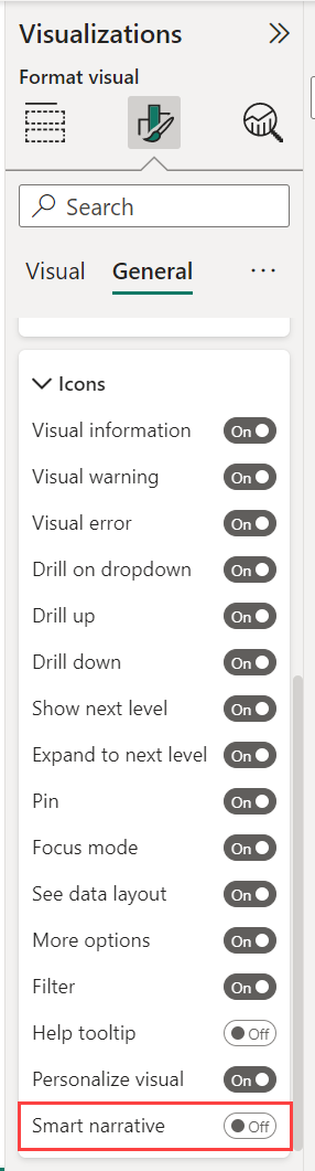Screenshot showing how to set the Smart narrative icon to On.