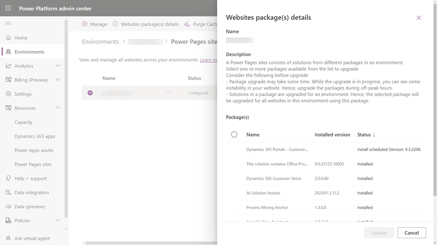 Detalles de los paquetes del portal, como nombre, versión y estado de instalación