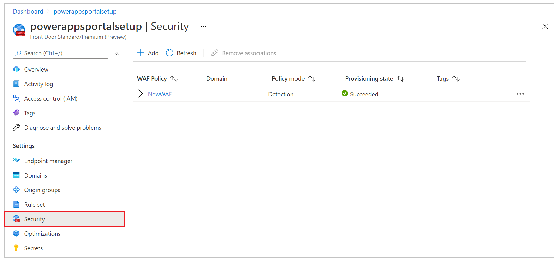 Pestaña Seguridad para la configuración de Azure Front Door.