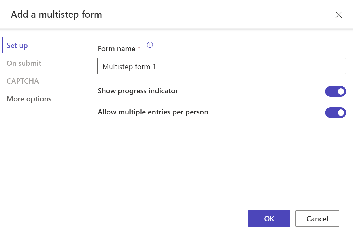 Captura de pantalla del menú Configuración para formulario de varios pasos