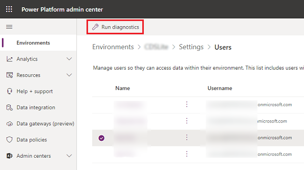 Lista de usuarios en un entorno de Dataverse for Teams.