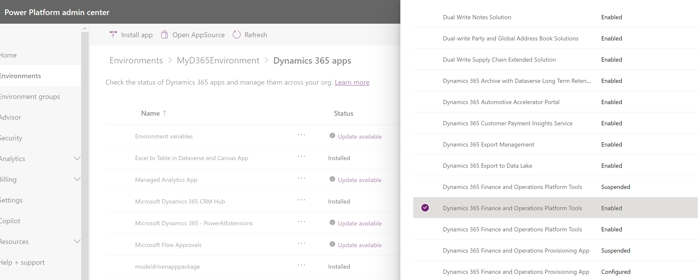 Captura de pantalla donde se selecciona una entrada para Herramientas de la plataforma Dynamics 365 Finance and Operations que tiene un estado Habilitado para su instalación.