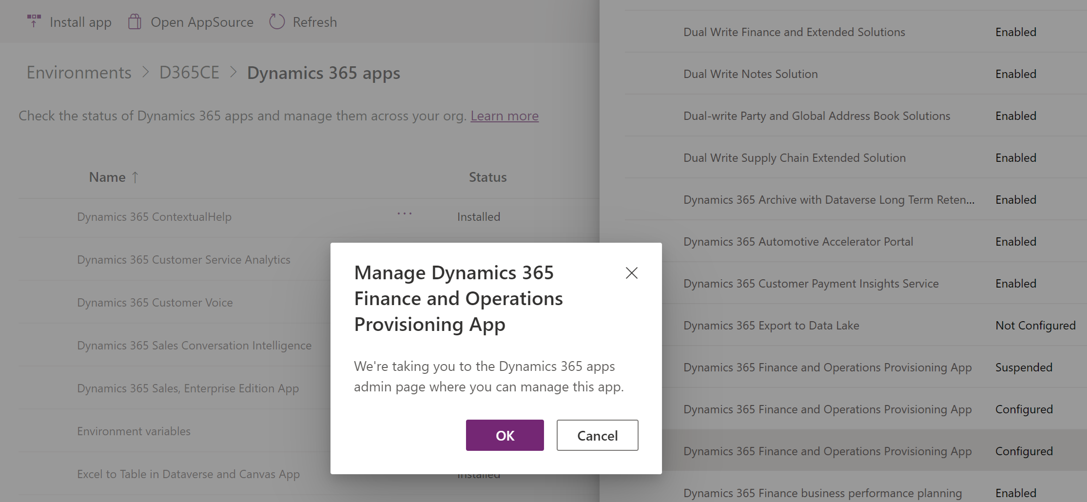 Captura de pantalla donde se selecciona una entrada para la aplicación Dynamics 365 Finance and Operations Provisioning que tiene un estado Configurado para su instalación.