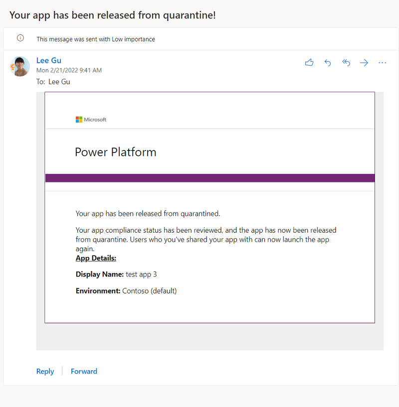 El creador de la aplicación recibe una notificación por correo electrónico para informarles de que su aplicación se ha liberado de la cuarentena.