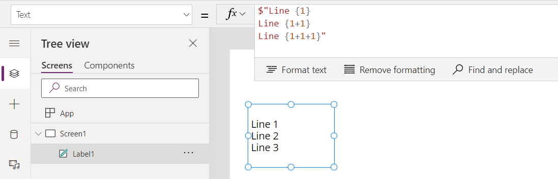 Fórmula de interpolación de cadena y control label que muestra tres líneas con Línea 1, Línea 2 y Línea 3.