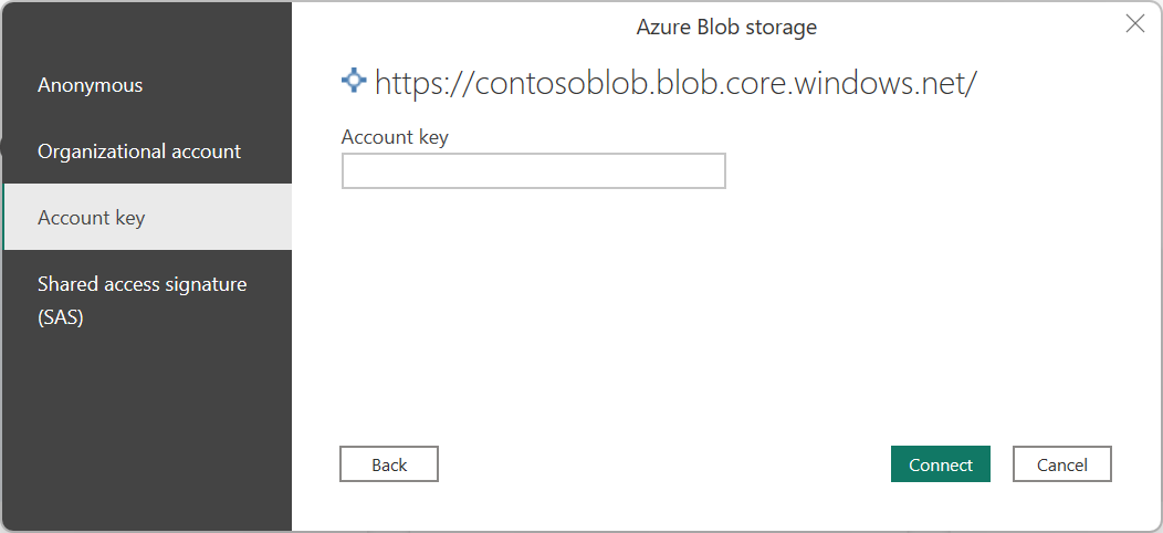 Captura de pantalla del cuadro de diálogo de inicio de sesión de Azure Blob Storage, con el método de autenticación de clave de cuenta seleccionado.