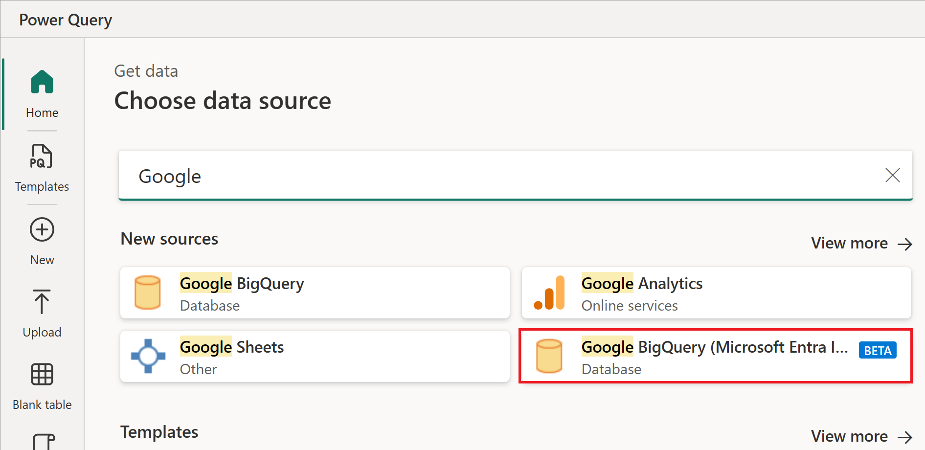 Captura de pantalla del cuadro de diálogo Elegir origen de datos con el conector Google BigQuery (Microsoft Entra ID) resaltado.