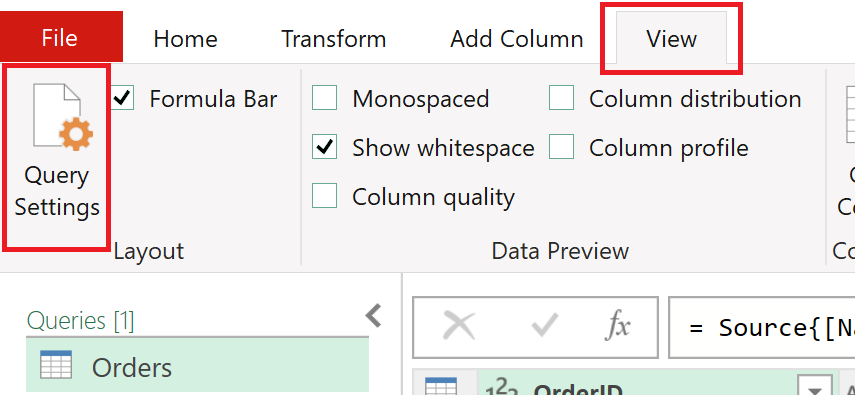 Captura de pantalla de la sección superior izquierda del Editor de Power Query con la pestaña de vista y la opción Configuración de consulta enfatizada.