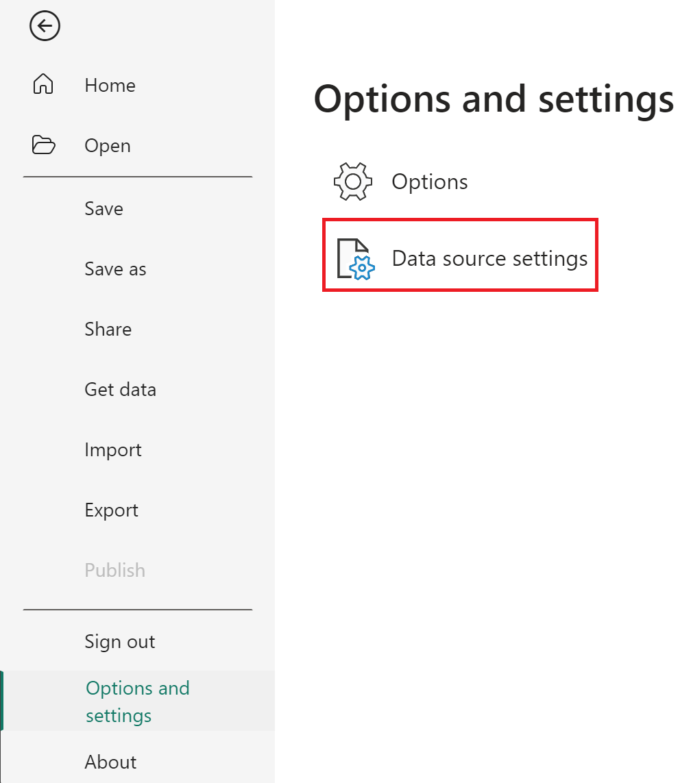 Captura de pantalla del panel de la pestaña “Archivo” de Power BI Desktop, con “Opciones y configuración” y “Configuración de origen de datos” resaltadas.